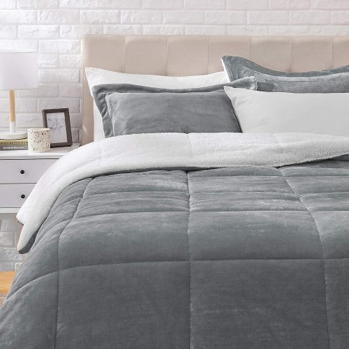3-Piece Bedding Set, Micromink Sherpa Blanket Bed Set with 2 Pillow Shams, Ultra-Soft, Fray- Resistant (Charcoal) - Full / Queen 3-Piece Bedding Set, Micromink Sherpa Blanket Bed Set with 2 Pillow Shams, Ultra-Soft, Fray- Resistant (Charcoal) - Full / Queen
